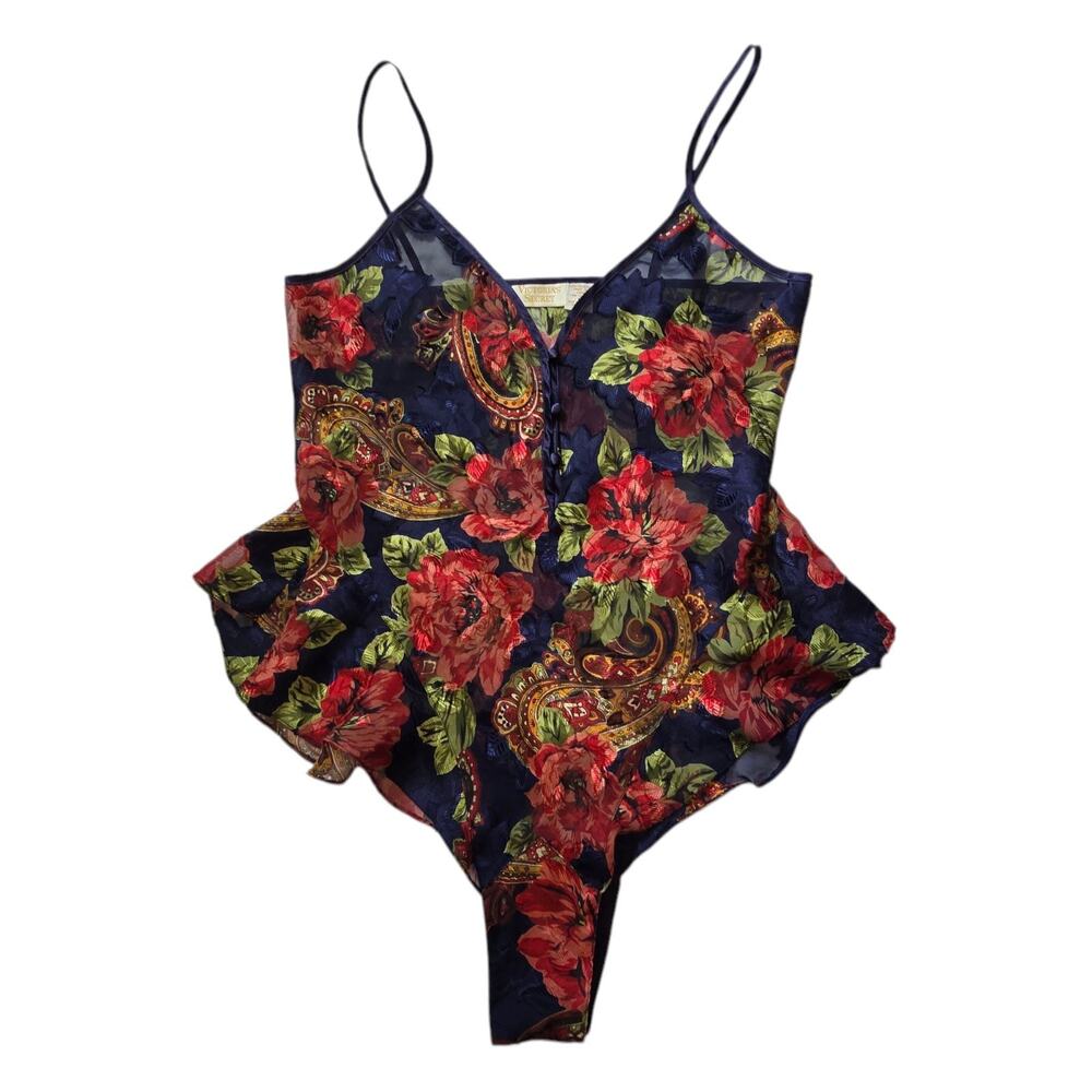 Vtg Victorias Secret Gold Label Floral Teddy Camisole Women M Satin Lace Romper